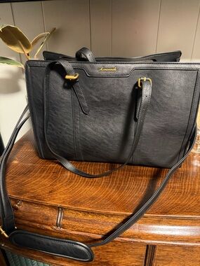 Black Leather Tote Bag with Shoulder Strap- with computer compartment